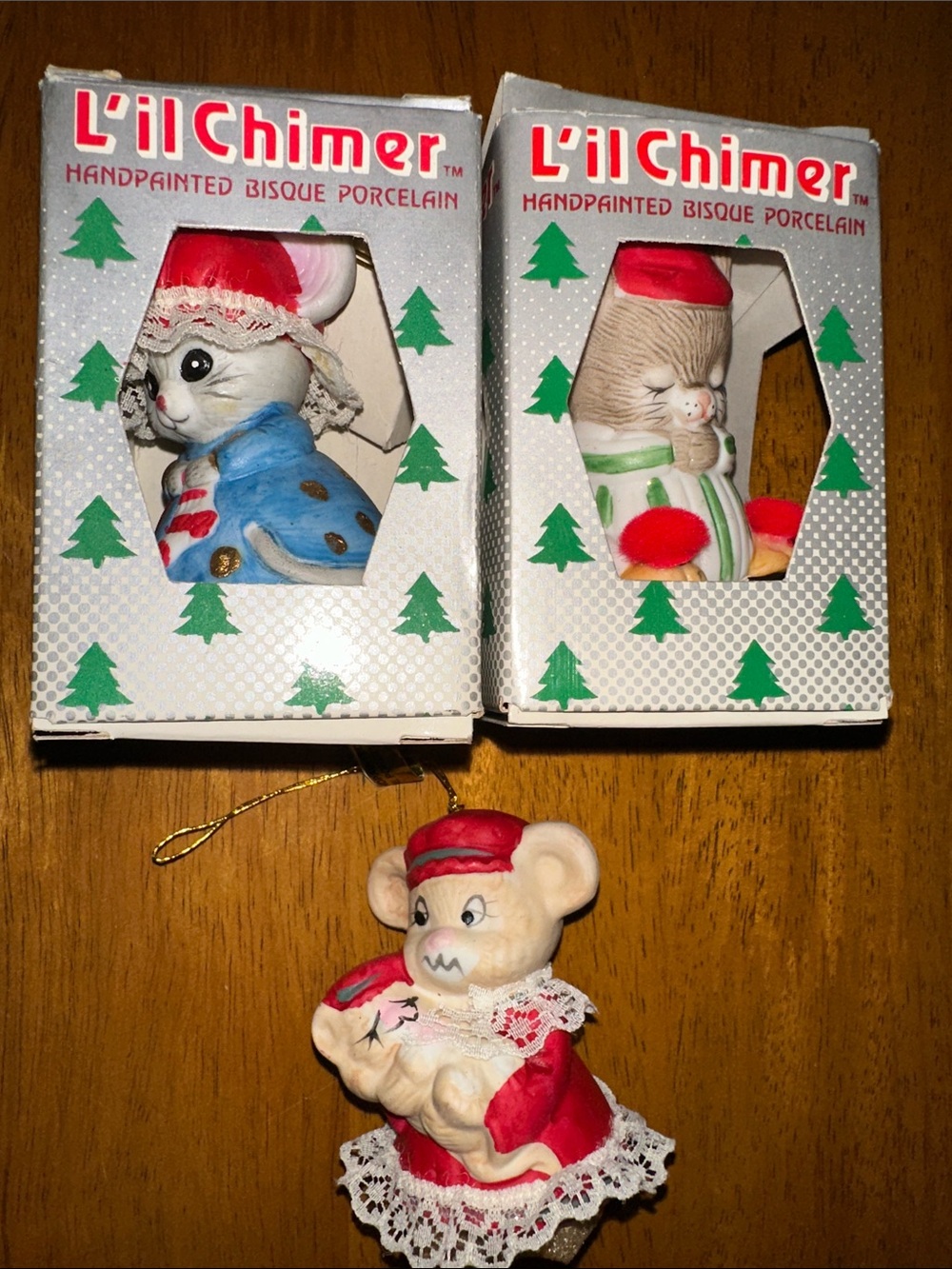 Li’l Chimer Bisque Porcelain Christmas Ornament Mouse Bells. Jasco Taiwan.